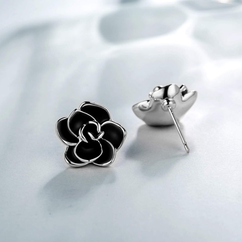 AllenCOCO 18K Gold Plated Black Rose Flower Stud Earrings for Women (W) - Image 2